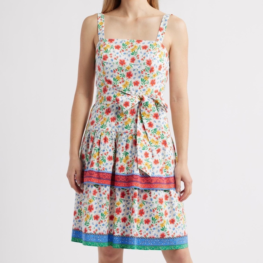Eliza J Floral Tiered Stretch Cotton Multi Tie Waist Sundress Womens Size 6P